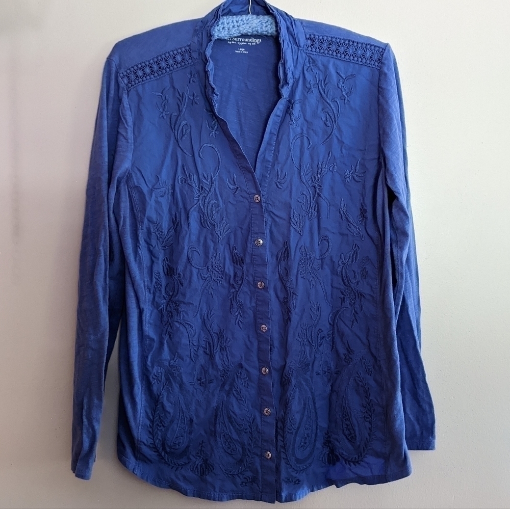 Soft Surroundings Blouse Blue Embroidered Front, Soft Jersey Sleeves and Back